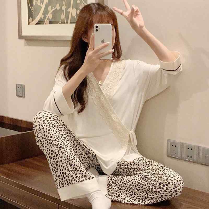 マタニティウェア 春秋物 授乳服 モダール 長袖 和風 レディース ルームウェア 上下セット 豹柄 アニマル柄｜トミーショップ 店