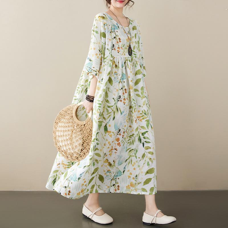 ワンピース レディース ミセス ゆったり Aライン 半袖 ロング マキシ丈 花柄 コットン リネン 涼しい 50代 60代 70代 80代 体型カバー 旅行 白 ホワイト グリーン ブルー系