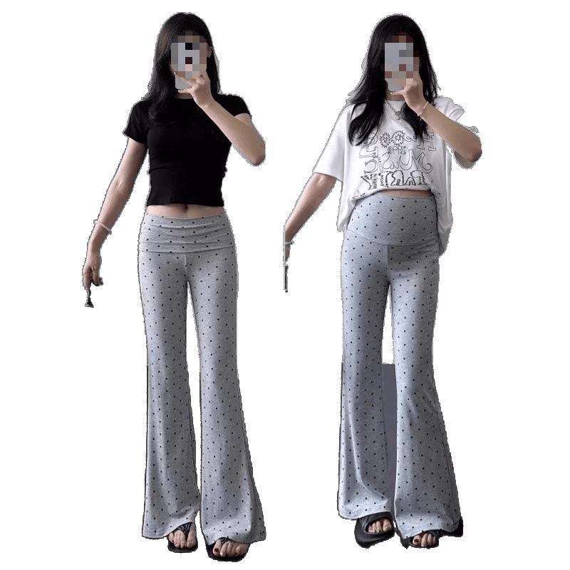 マタニティ パンツ 春秋 産前産後 妊婦服 ドット柄 ワイドレッグパンツ ゆったり ストレート 体型カバー
