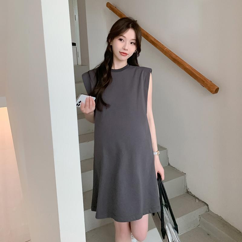ワンピース マタニティ レディース ノースリーブ 膝丈 妊娠後期 Tシャツ 水洗グレー 伸縮性 カットソー 普段使い