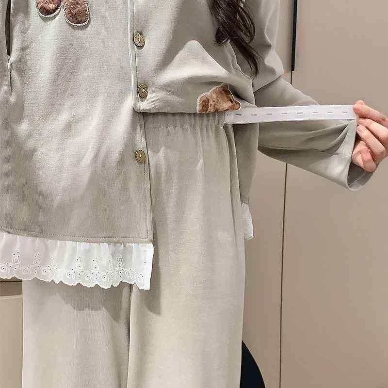 マタニティ パジャマ 秋冬 長袖 授乳服 妊婦 部屋着 前開き 上下セット あったか ポリエステル100% かわいい 小熊柄 ブラウン M L XL 2XL