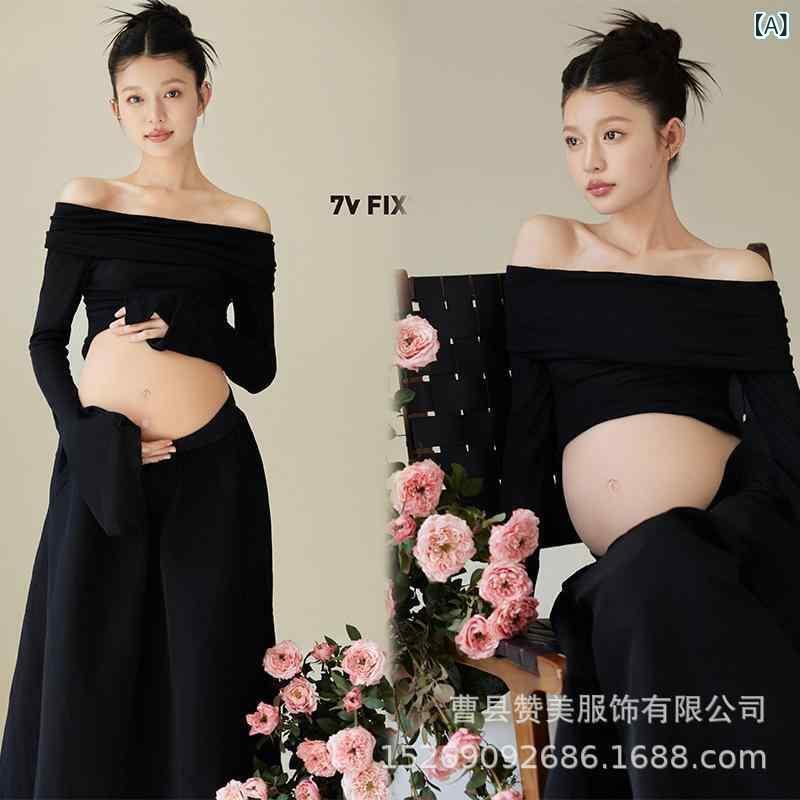 マタニティワンピース 長袖 一字肩トップス スカート セットアップ 妊婦写真 撮影衣装 記念写真 ポリエステル ゆったり 伸縮性 韓国風 ブラック系