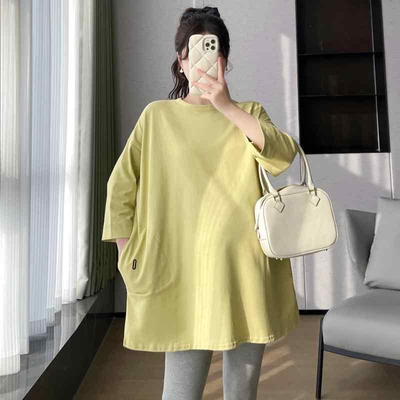 マタニティ トップス 春物 韓国風 ゆったり 妊婦 Ｔシャツ カットソー 綿混紡 七分袖 無地 チュニック 授乳服 産前 産後ウェア M L XL 2XL 3XL 4XL 芥茉緑 ・垢茶色