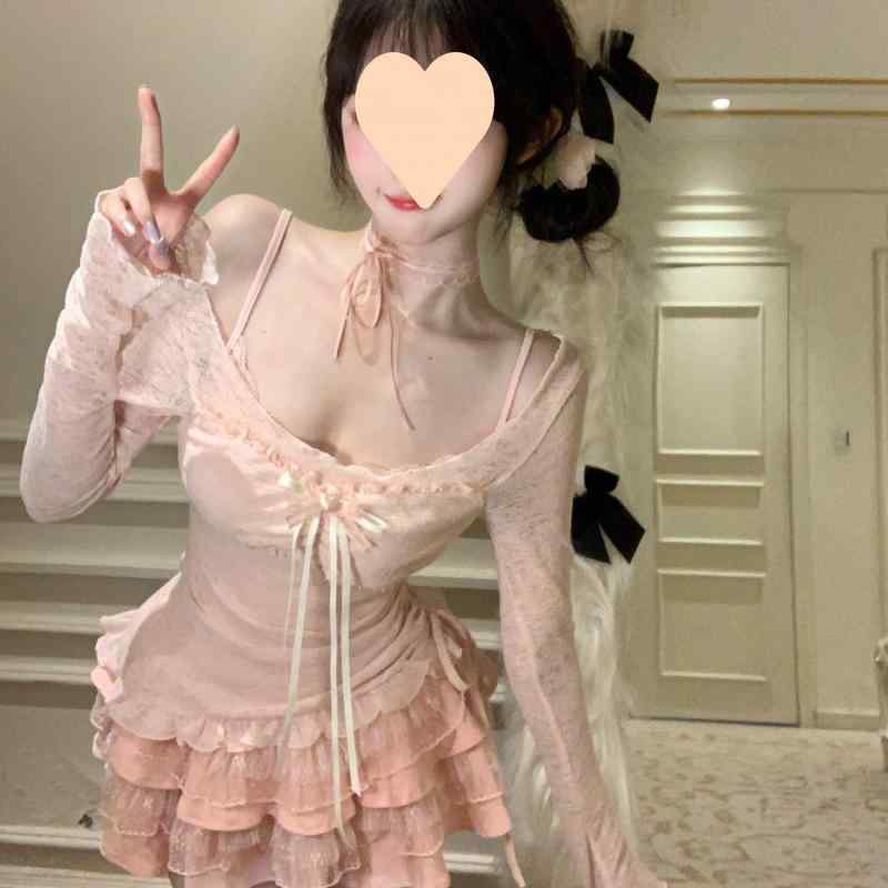 ワンピース レディース レース 吊りスカート カーディガン セットアップ 2点セット 清楚 かわいい ガーリー フェミニン お嬢様 ロング丈 長袖 ポリエステル デート お呼ばれ