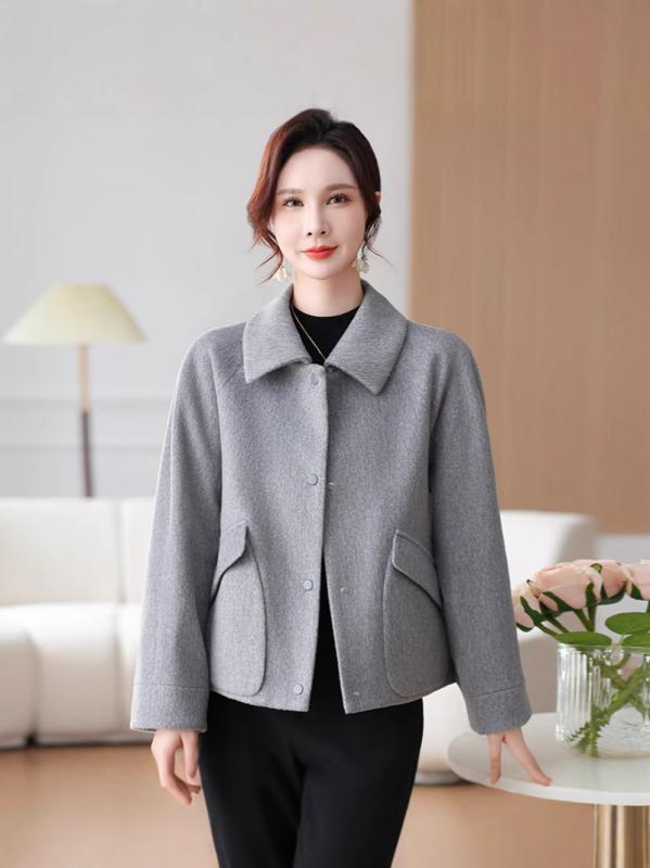 コート レディース ミセス 婦人服 ウール アウター ショート丈 秋冬 厚手 暖かい カジュアル きれいめ ポケット付き カキ色 グレー グリーン