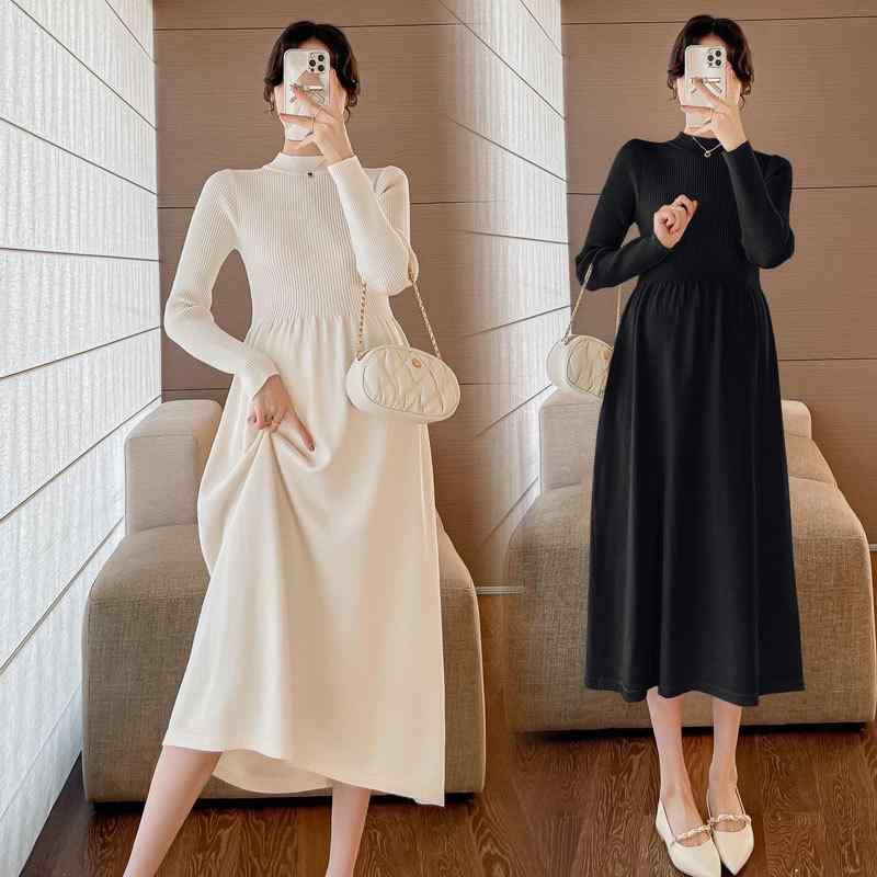 マタニティ ニットワンピース 秋冬 長袖 高襟 ゆったり 妊婦服 チュニック ロング丈 Aライン 杏色 黒