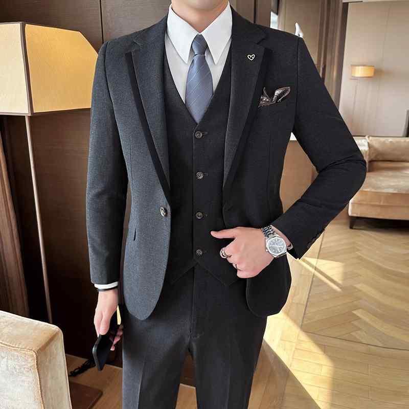 スーツ 男性用 テーラードジャケット ビジネス カジュアル フォーマル 上下セット 無地 ポリエステル 通勤 合体型 グレー系 ブラック