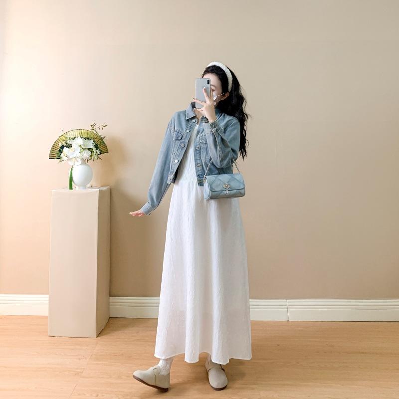 マタニティワンピース 春物 ニット 切り替え デニムジャケット セットアップ 妊婦服 プレママ ラウンドネック 長袖 コットン 背心裙 M L XL 2XL 3XL 4XL 清新 甘め