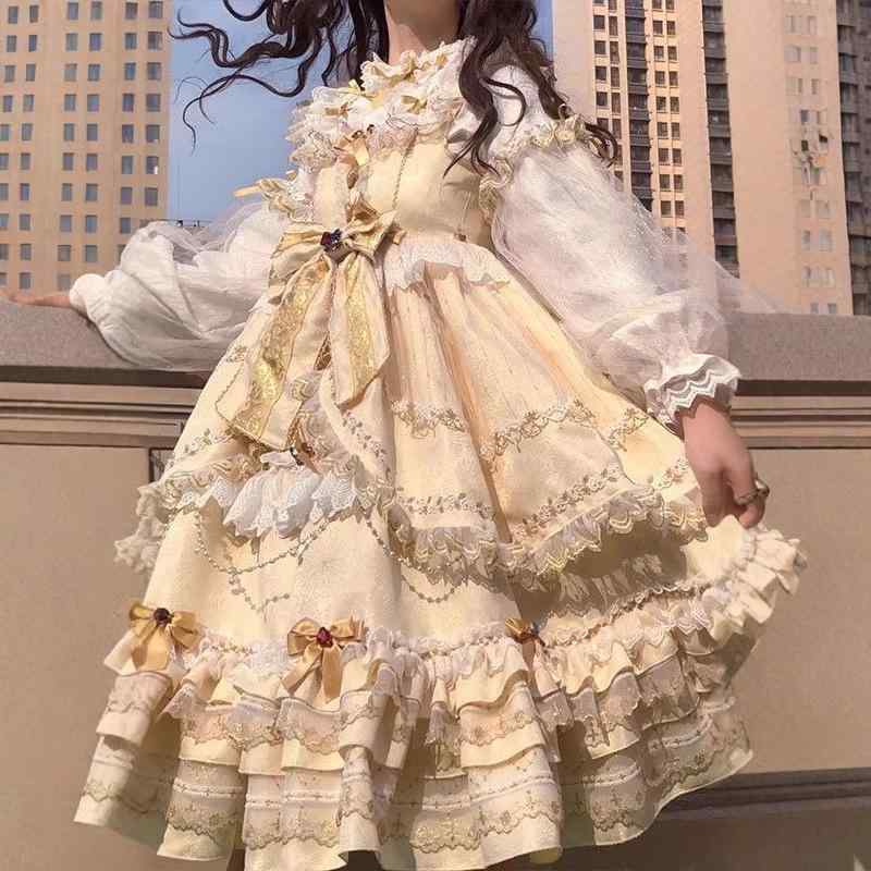 ワンピース レディース ロリータ ゴスロリ プリンセス ロングワンピース TR面料 中国風 文?復古 春秋 ラウンドネック 公主袖 ブラック 黒 ゴールデン 金色 かわいい