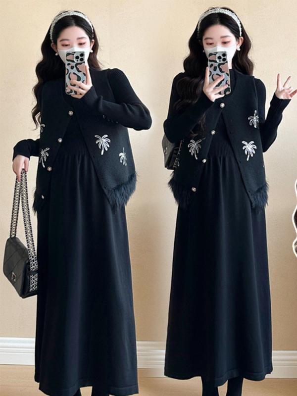 マタニティワンピース 秋冬 ニットカーディガン セットアップ 授乳服 妊婦服 長袖 ゆったり 伸縮性 締め付け感なし 中長丈 普段使い リラックス