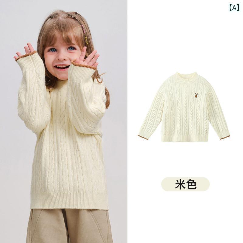 編み物 キッズ お嬢さん ちびっ子服 プルオーバー 生あたたかい 長袖 トップス 秋冬 愛くるしい 羅紗綿毛混 真っただ中丈 ベージュ さくら色系