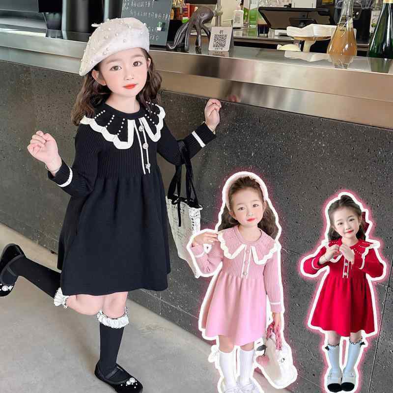 ニットワンピース 子供服 女の子 秋冬 長袖 チュール パール 飾り襟 かわいい おしゃれ 普段着 お出かけ着 ピンク系 ブラック レッド