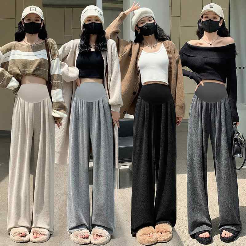マタニティ パンツ 秋冬 妊婦服 ワイドレッグパンツ ゆったり ハイウエスト 垂れ感 リラックスパンツ 綿 ポリエステル ブラック 黒 グレー ベージュ 伸縮性 普段使い