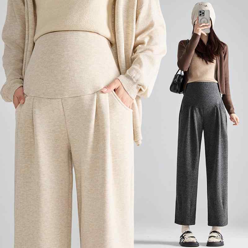 マタニティ パンツ 秋冬 裏起毛 妊婦服 ズボン 小柄 ワイドレッグパンツ 9分丈 あったか 厚手 コットン ポリエステル 混合 無地 黒 ブラック グレー ベージュ 調整可能 快適 普段使い
