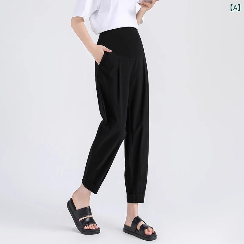 マタニティパンツ 春夏 接触冷感 妊婦用 ハーレムパンツ ワイドレッグ 9分丈 ゆったり ズボン ドローストリング ポリエステル ブラック ネイビー 大きいサイズ 吸汗