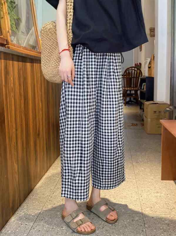 マタニティパンツ 春夏 黒白格子柄 9分丈 ゆったり 妊婦 ズボン 産前 産後 ウエストゴム 調整可能 テーパード ポリエステル 9分丈パンツ