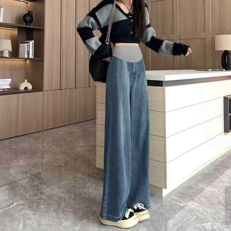マタニティ デニムパンツ ジーンズ M L XL XXL XXXL 妊婦 プレママ ゆったり ワイド ストレート コットン 伸縮性 ブルー グレー