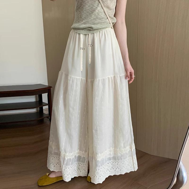 マタニティ パンツ 春夏 薄手 ハイウエスト 体型カバー ゆったり ロング丈 ワイドレッグパンツ 米白色