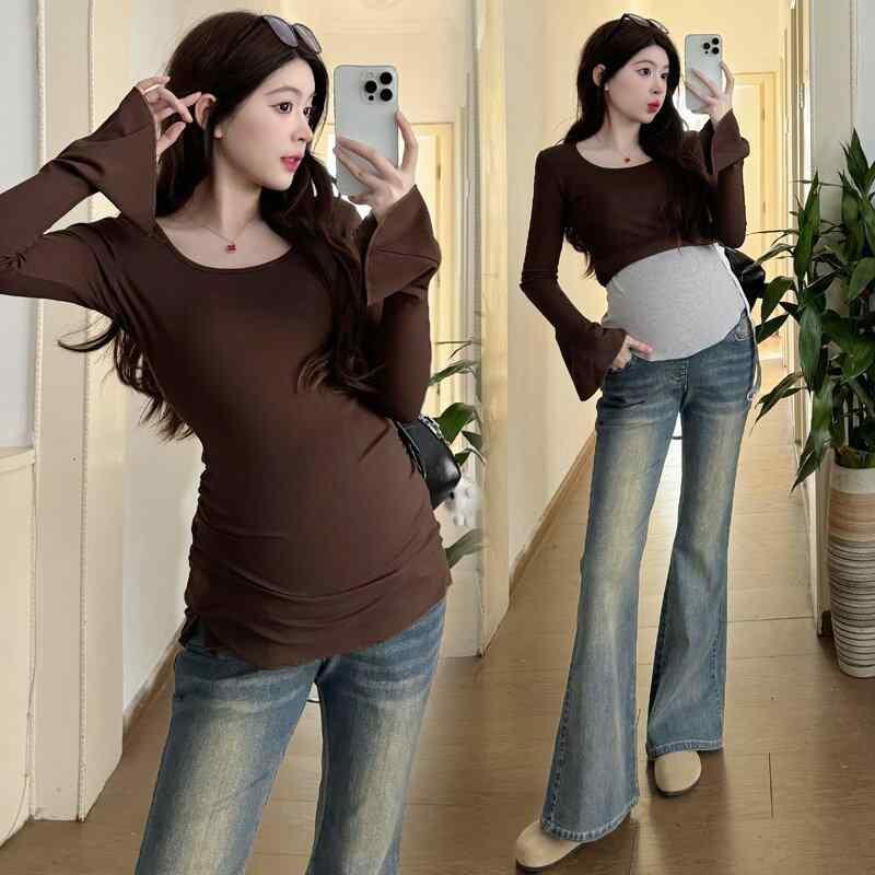 マタニティ デニム パンツ 春秋 薄手 ファッション 美脚 ベルボトム 妊婦 ズボン M L XL 2XL 伸縮性 股上深め デニム