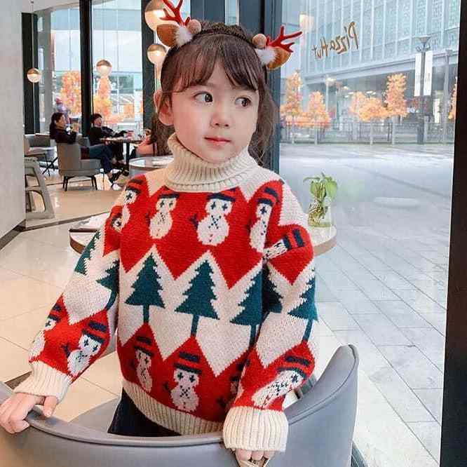 子供服 ニット・セーター 秋冬 クリスマス ニット 高い襟 厚手 長袖 トップス かわいい 雪だるま 小さな木 赤ちゃん 女の子 普段使い