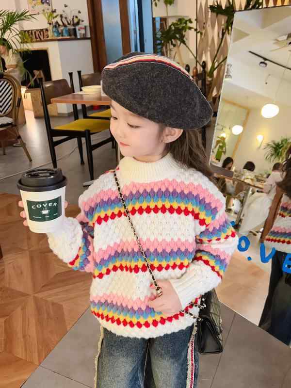 ニット・セーター キッズ 女の子 子供服 トップス 長袖 丸首 春秋 かわいい 普段着 通学 幼稚園 保育園 ピンク系 ホワイト コットン