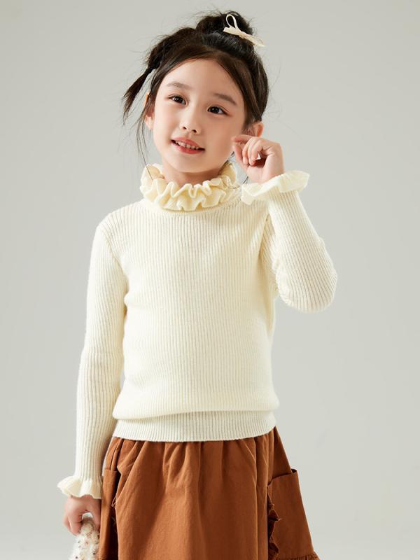 編み物・プルオーバー キッズ お嬢さん 100% ピュアウール メリノウール フラウンスのど首 ティーシャツ プルオーバー ニットトップス 秋冬 愛くるしい 今めかしい ガーリー 心地よい 普段使い走り お出かけ着 白いこと さくら色系 薄墨色