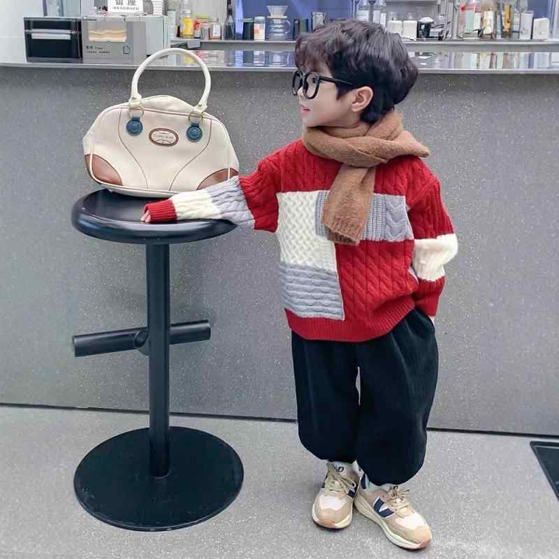 ニット キッズ 男の子 秋冬 プルオーバー 配色 長袖 普段着 おしゃれ 8歳以上 140cm以上 160cmまで ブラック レッド 聚???（??）