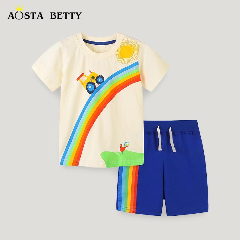 子供用ニットセットアップ 半袖Tシャツ & 短パン アニマル柄プリント カジュアル 普段使い