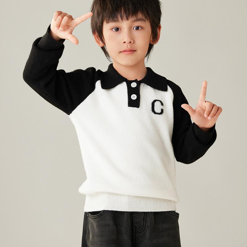 編み物・プルオーバー キッズ お坊っちゃん ちびっ子服 羊毛100% 長袖 ティーシャツ ポロのど首 うつり変わり 無地 普段着 今めかしい 情の籠もった 秋冬