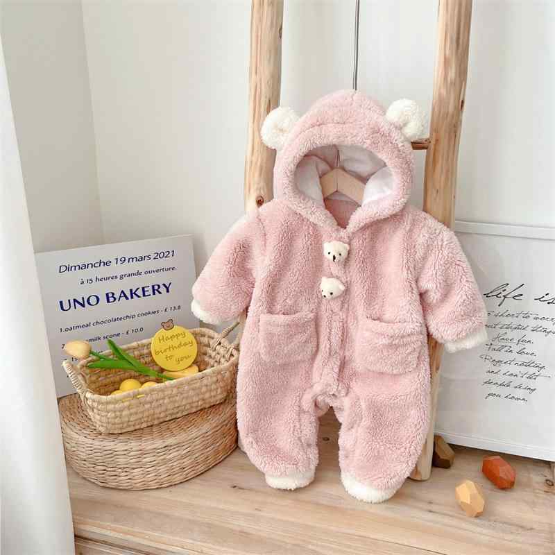 ベビー服 ロンパース 長袖 秋冬 厚手 かわいい クマ耳付き フード付き ジャンプスーツ カバーオール あったか モコモコ パジャマ 部屋着 ピンク系 ブラウン系