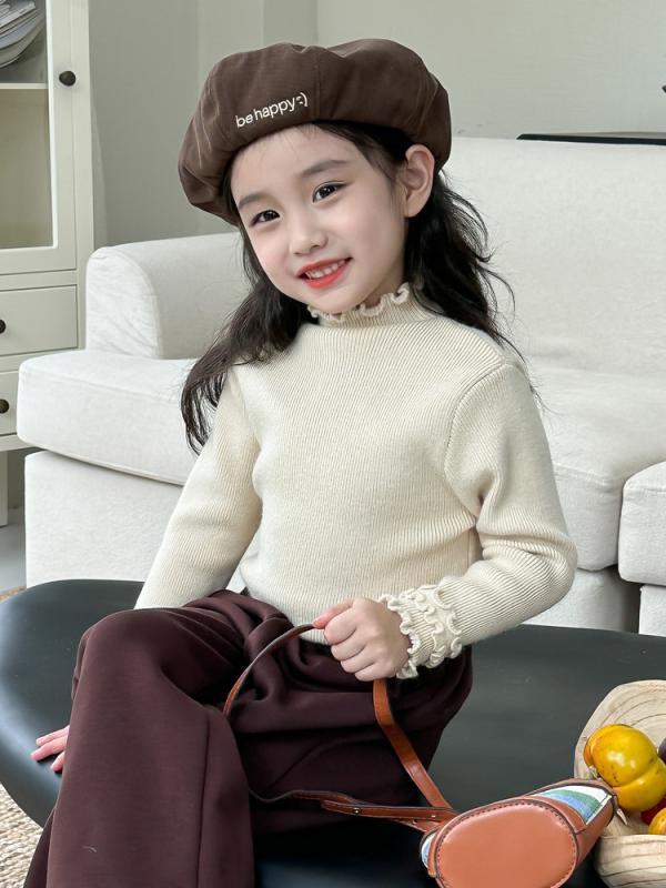 ニット 子供服 女の子 トップス 秋冬 長袖 セーター 高襟 フリル 無地 保温性 通園 普段着 かわいい ガーリー ベージュ ピンク系 ブラウン系