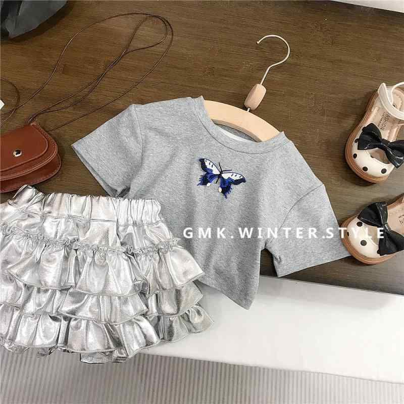 子供服 女の子用 Tシャツ ケーキスカート セットアップ 夏服 半袖 コットン 銀色 チュールスカート かわいい 韓国風
