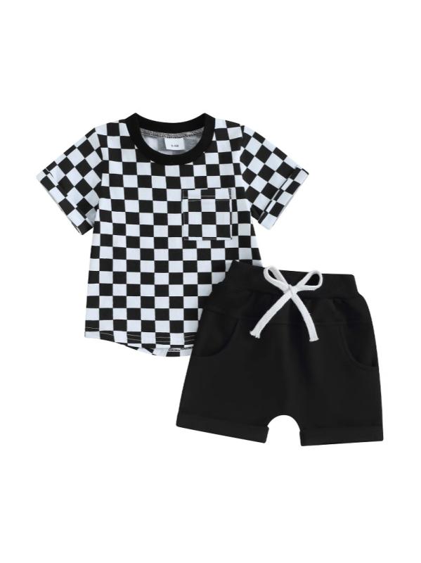 キッズ ベビー服 上下セット 格子柄 半袖Tシャツ ショートパンツ 幼児 男の子 2点セット 綿 普段着 部屋着 春夏 ブラック ブルー グリーン