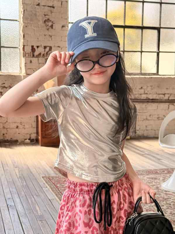子供服 Tシャツ 女の子 半袖 銀色 トップス 伸縮性 接触冷感 普段使い 通学着