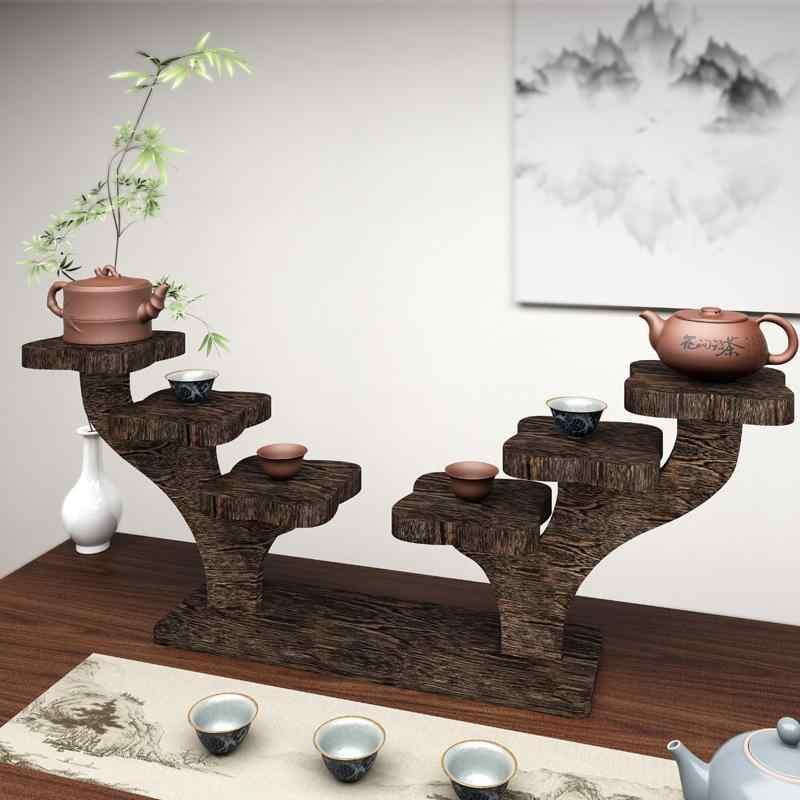 茶托 茶碗 コースター 木製 新中式 多層 茶器 棚 飾り棚 カップ グラス ディスプレイ ラック 実木 梅花 円形 茶室 焼色