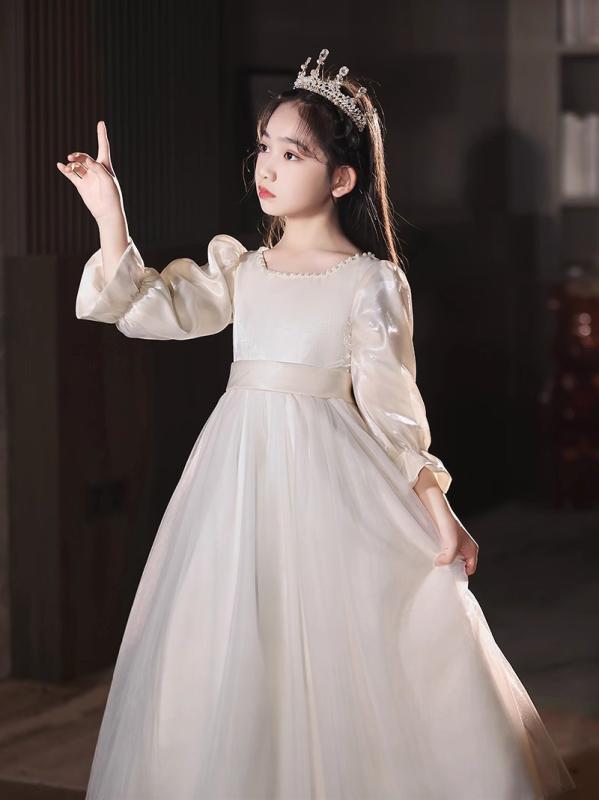 子供用 フォーマルドレス サテン プリンセスドレス ピアノ発表会 演奏会 誕生日 パーティー 結婚式 発表会 コンクール Aライン フレアスカート シャンパンゴールド 110cm 120cm 130cm 140cm 150cm 160cm