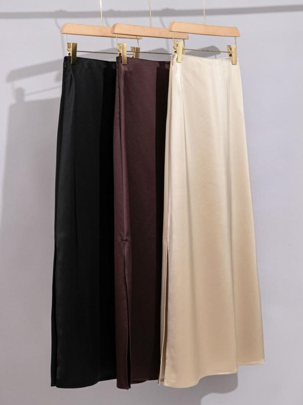 スカート レディース 膝丈 アセテート 包臀スカート スリット ミモレ丈 無地 きれいめ 上品 通勤 オフィス カジュアル お呼ばれ エレガント ブラック ブラウン シャンパンゴールド 春夏