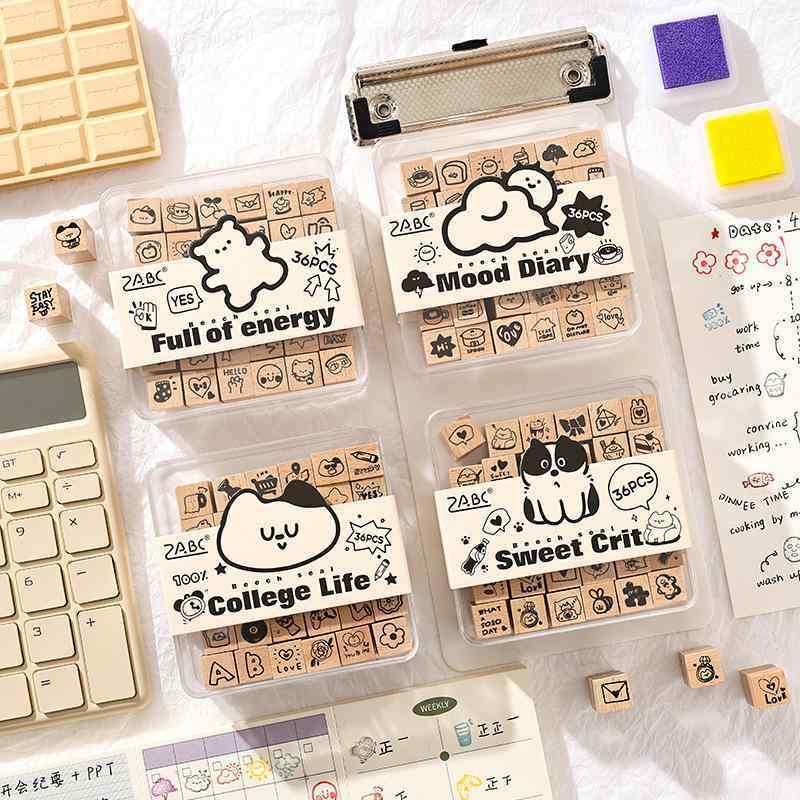 印章 文具 ステーショナリー DIY デコレーション かわいい 学生 手帳 36個セット ウッドスタンプ