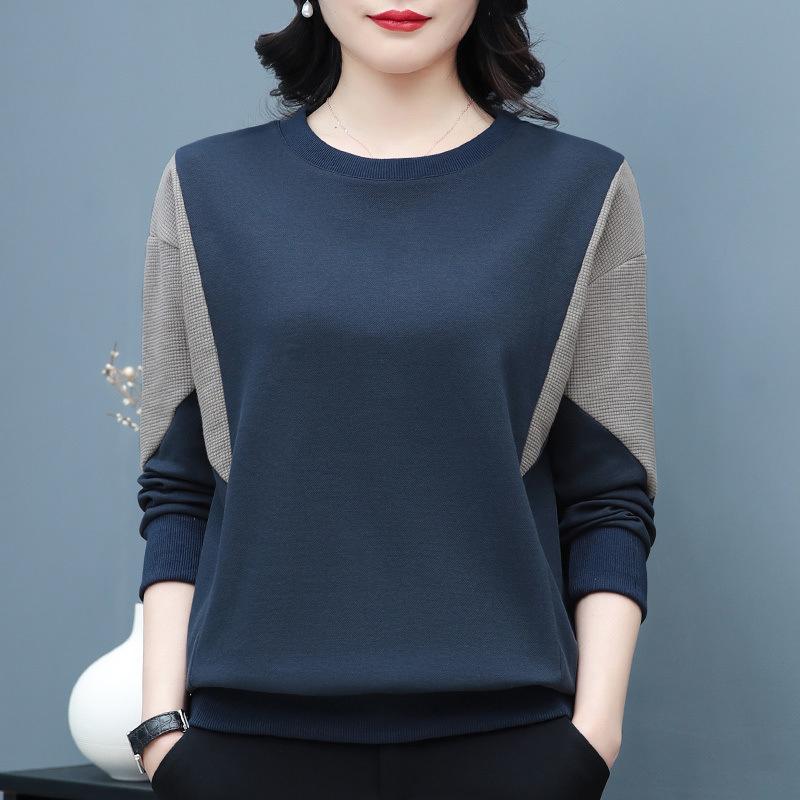 Tシャツ レディース 母の日ギフト 綿100% 長袖 丸首 ゆったり 大きめサイズ トップス 婦人服 ミセス 体型カバー 普段使い 春秋 ネイビー