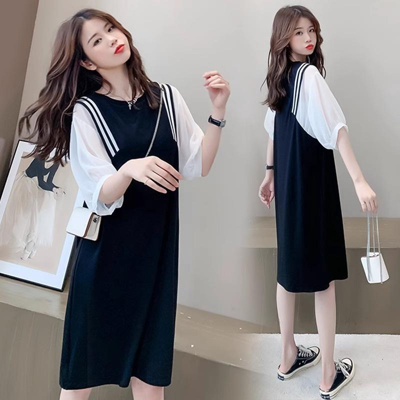 マタニティワンピース 夏 黒色 授乳服 半袖 Tシャツワンピース Aライン ニット 妊婦服 膝丈ワンピース 切り替え ラウンドネック ストリート 春夏