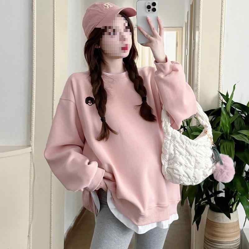 トップス レディース 妊婦服 裏起毛 秋冬 トレーナー Tシャツ ゆったり 大きいサイズ あったか フェイクレイヤード 授乳服 普段使い ピンク系 オフホワイト TR生地 中国風 文芸復古 プリンセススリーブ 長袖 ポロネック カットソー