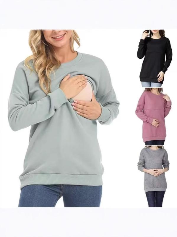 マタニティ トップス 長袖 授乳服 ポリエステル 妊婦 産後 リラックスウェア カットソー プルオーバー ラウンドネック チュニック 部屋着 普段使い 黒 ブラック ピンク系 グレー 豆緑 S M L XL 2XL