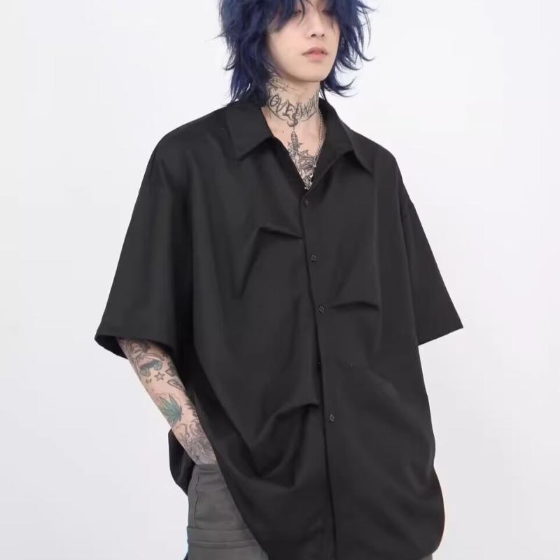 シャツ メンズ 男性用 トップス 半袖 開襟シャツ ポリエステル ルーズフィット 無地 ブラック キャメル 普段使い