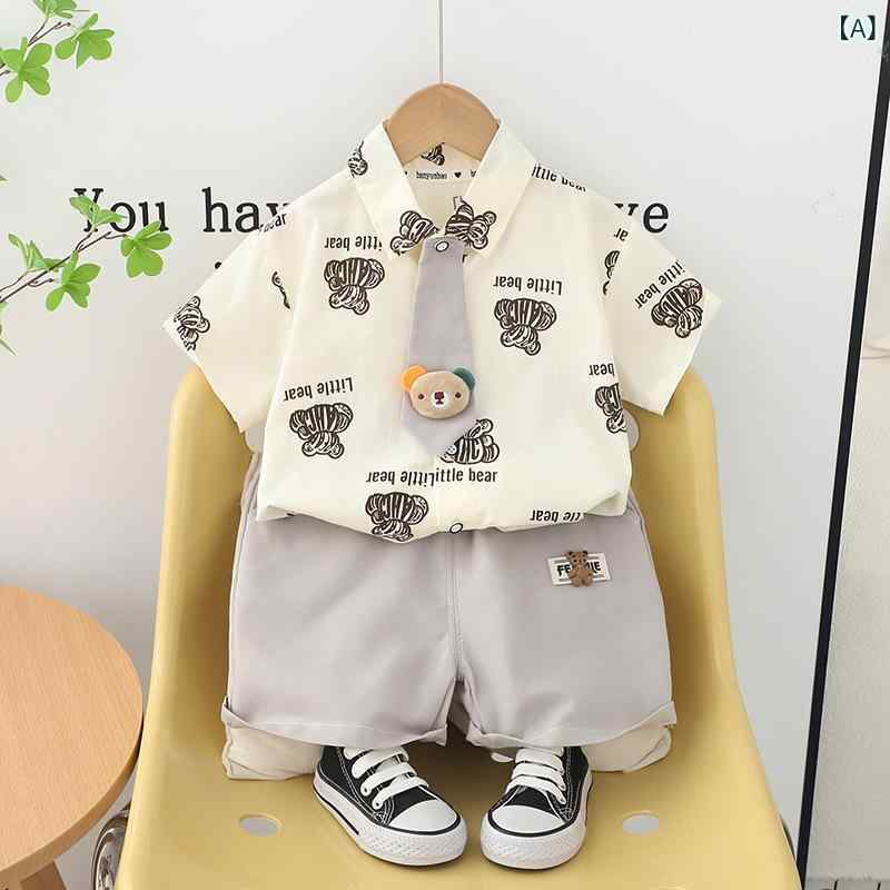 キッズ ベビー服 半袖シャツ パンツ 上下セット 薄手 綿 カートゥーン柄 かわいい 男の子 乳幼児 グレー カーキ 80 90 100 110 120