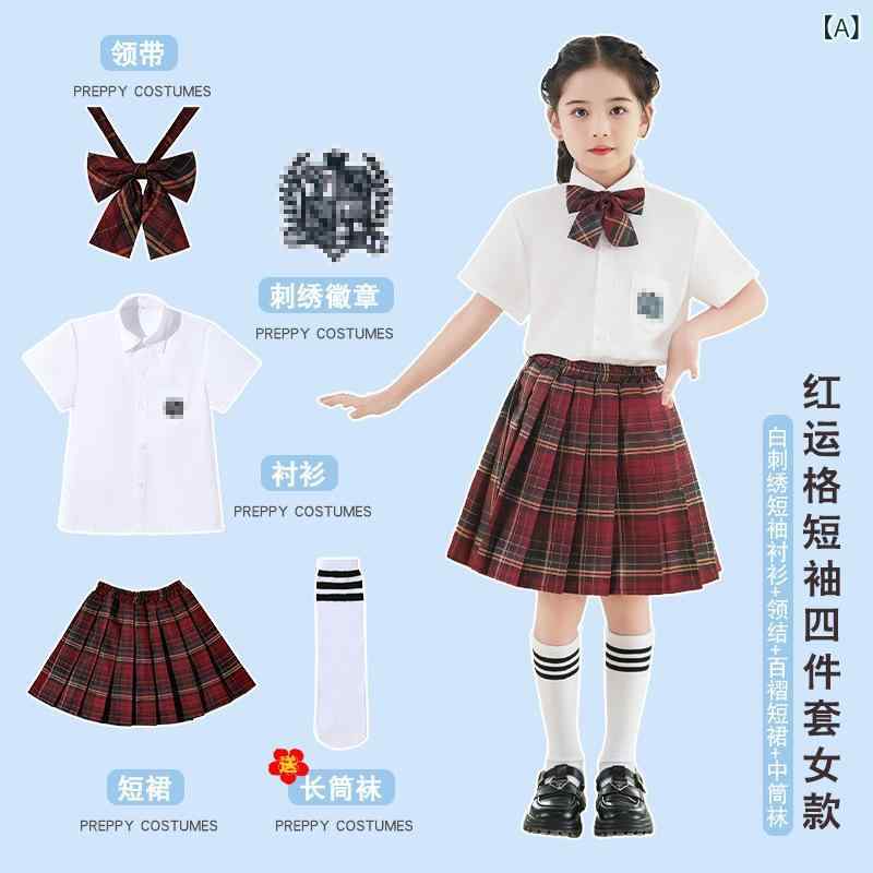 キッズ ダンス衣装 合唱服 半袖シャツ チェック柄スカート 舞台衣装 幼稚園 保育園 発表会 練習着 110cm 120cm 130cm 140cm 150cm 160cm 170cm 180cm