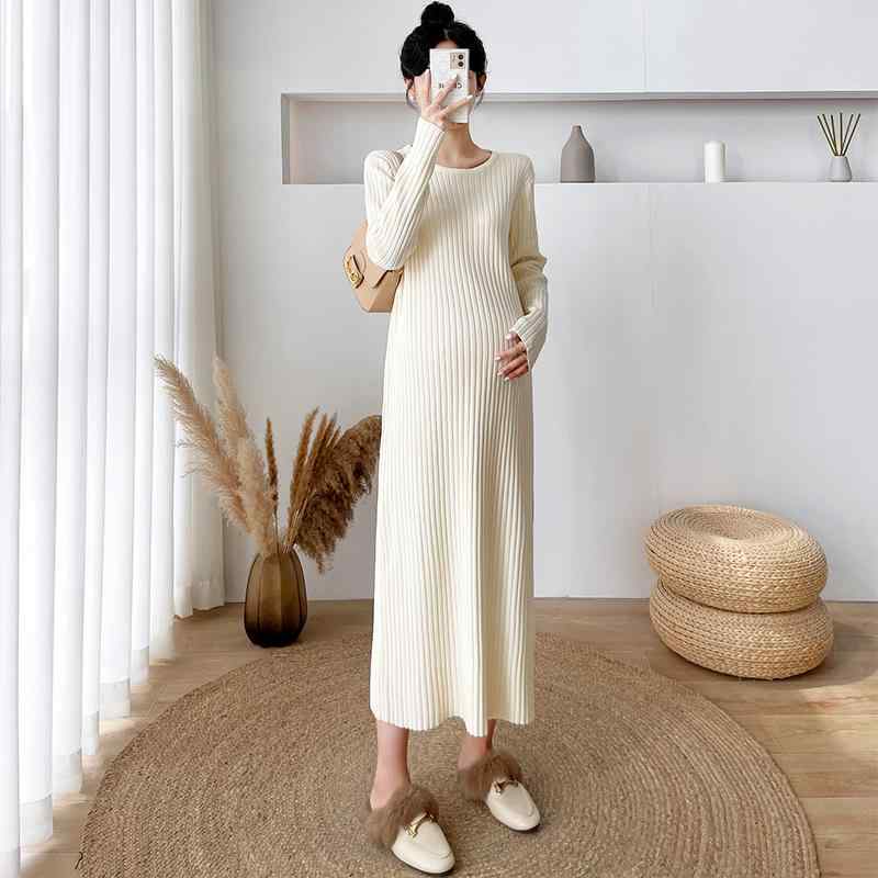 マタニティワンピース ロング丈 秋冬 編み物衣装 妊婦服 ゆったり A生産ライン 無地 黒 黒いこと ベージュ 伸縮性