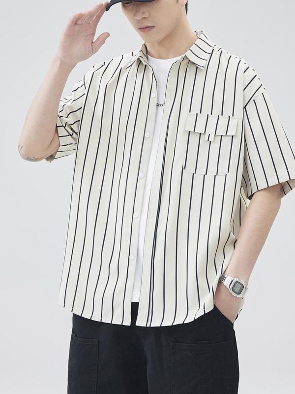 シャツ メンズ 半袖 ストライプ柄 トップス 高校生 カジュアル ポリエステル 薄手 接触冷感 防シワ