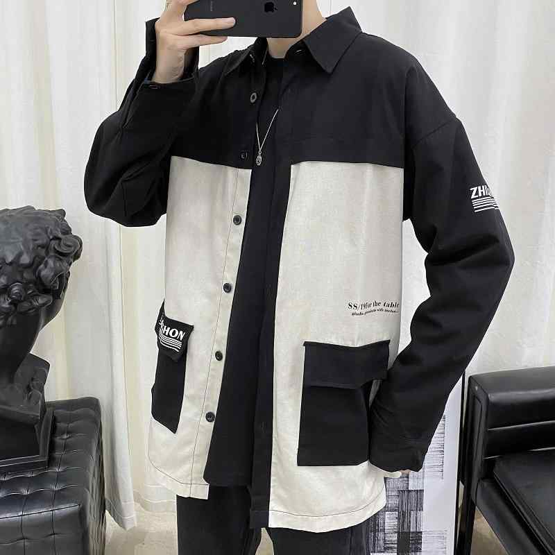 シャツ 男性用 長袖 トップス 切り替え コットン 普段使い カジュアル ブラック グリーン