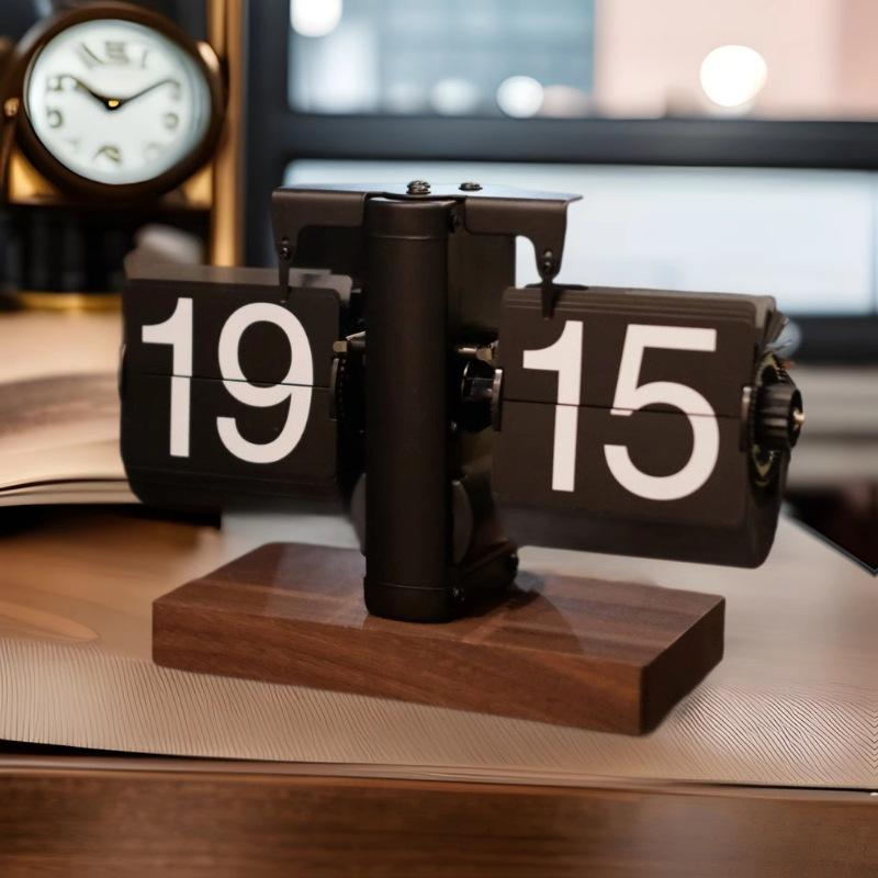 置き時計 レトロ デジタル フリップクロック 卓上時計 リビング インテリア 黒木目調