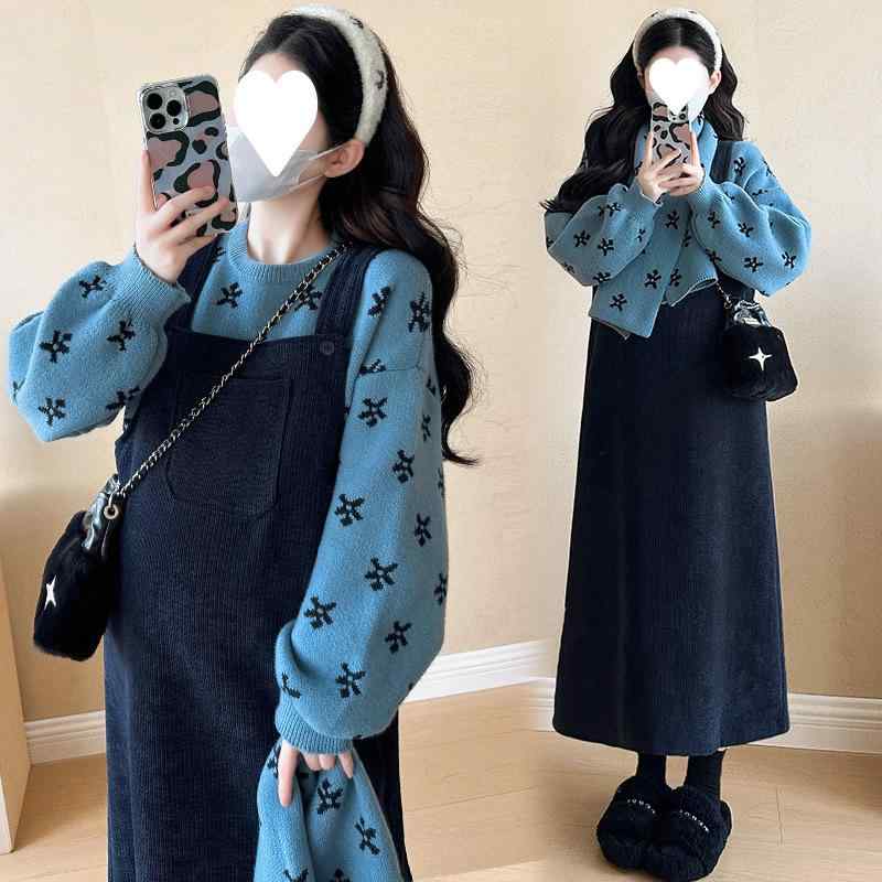 衣裳 マタニティ 秋冬 妊婦 含ませる服 ゆったり 裏起毛 あったか 編み物 信用販売襟付き添い人 体型取りまかなう セットアップ 青碧 M L XL 2XL